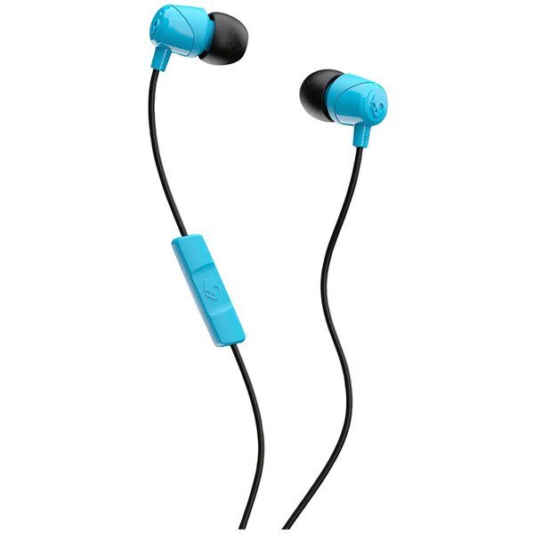 A blue pair of wired earbuds with microphone. Also includes Skullcandy logo on earbuds and microphone.